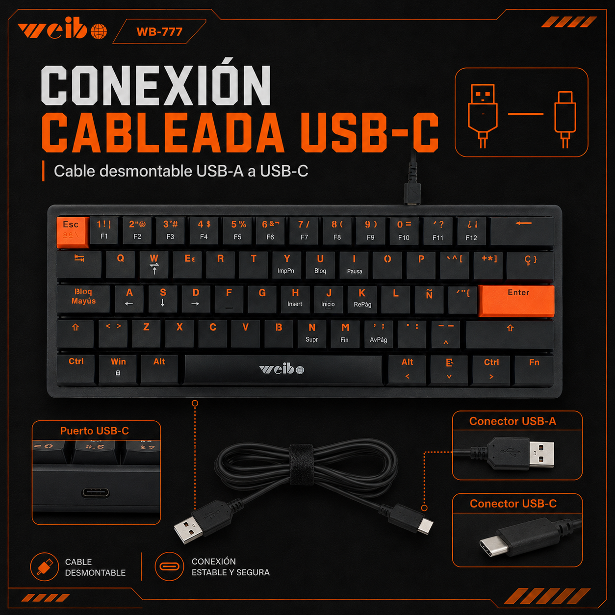 Teclado Mecánico Mini Weibo WB-777 – Switch Rojo | 61 Teclas | Anti-Ghosting | USB-C Desmontable | Sin LED