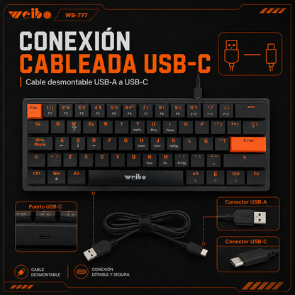 Teclado Mecánico Mini Weibo WB-777 – Switch Rojo | 61 Teclas | Anti-Ghosting | USB-C Desmontable | Sin LED