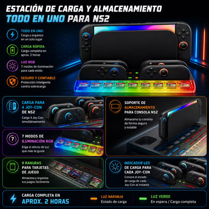 Base de Carga y Almacenamiento Nintendo Switch 2 - 4 Joy-Con RGB 9 Tarjetas USB-C All-in-One