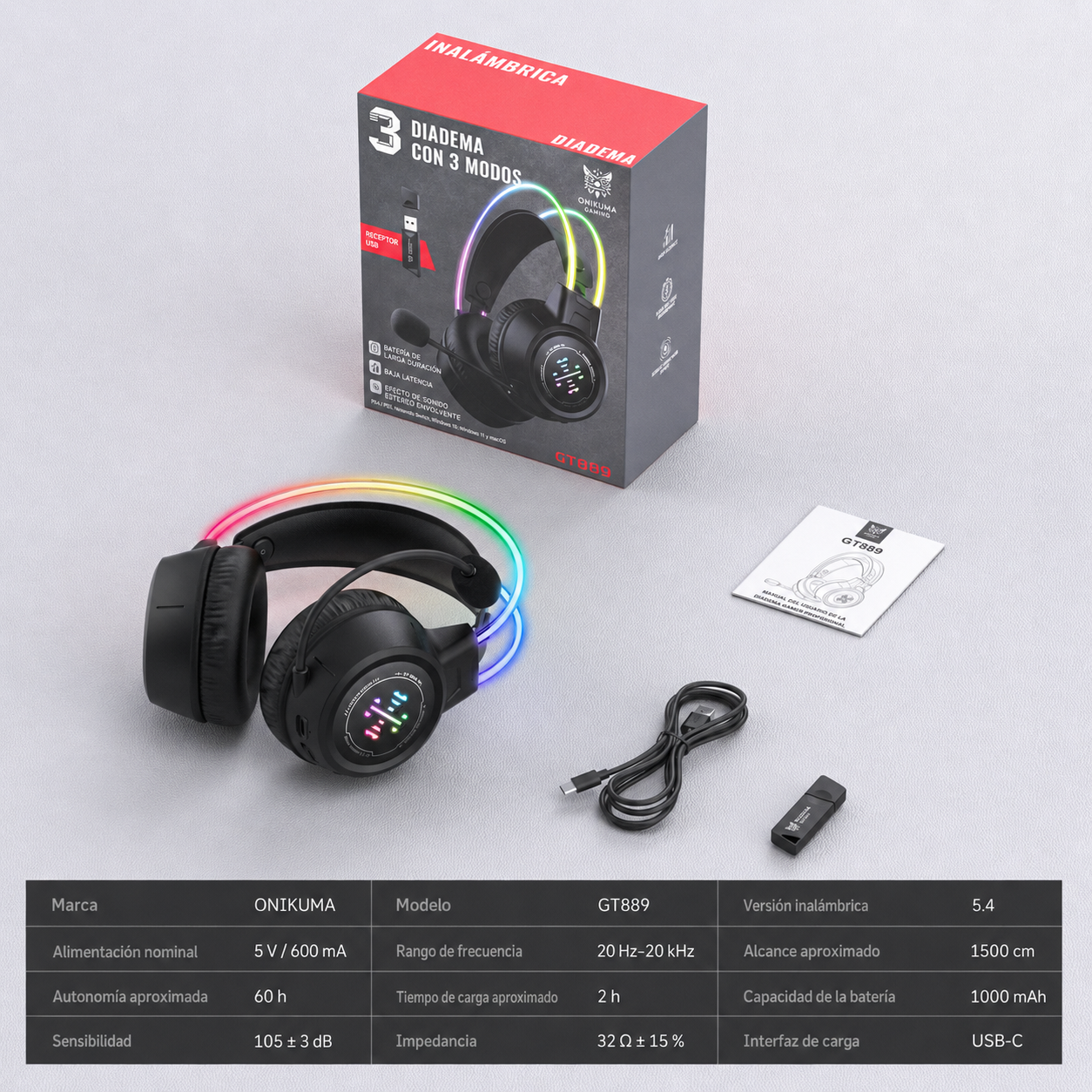 Diadema Gamer Inalámbrica Onikuma GT889 – Bluetooth 5.4 | 60H Batería | Tri-Modo 2.4G + BT + Cable | RGB | Mic Expuesto