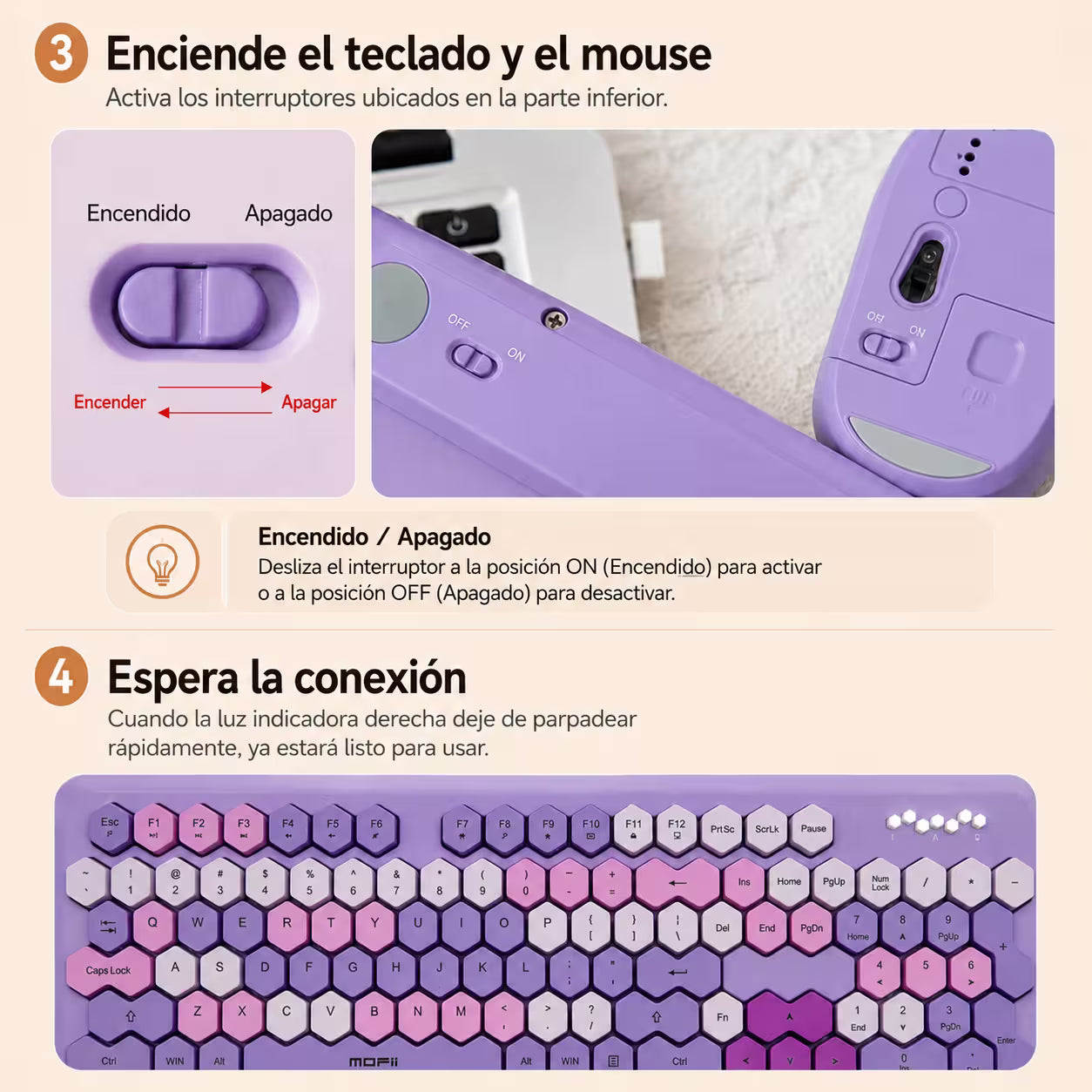 Combo Teclado y Mouse MOFII Honey — Morado | Inalámbrico 2.4G 1200 DPI Membrana
