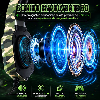 Diadema Gamer ONIKUMA K8 LED RGB Verde Camuflado - Micróf... - vista 9 diadema gamer audífonos