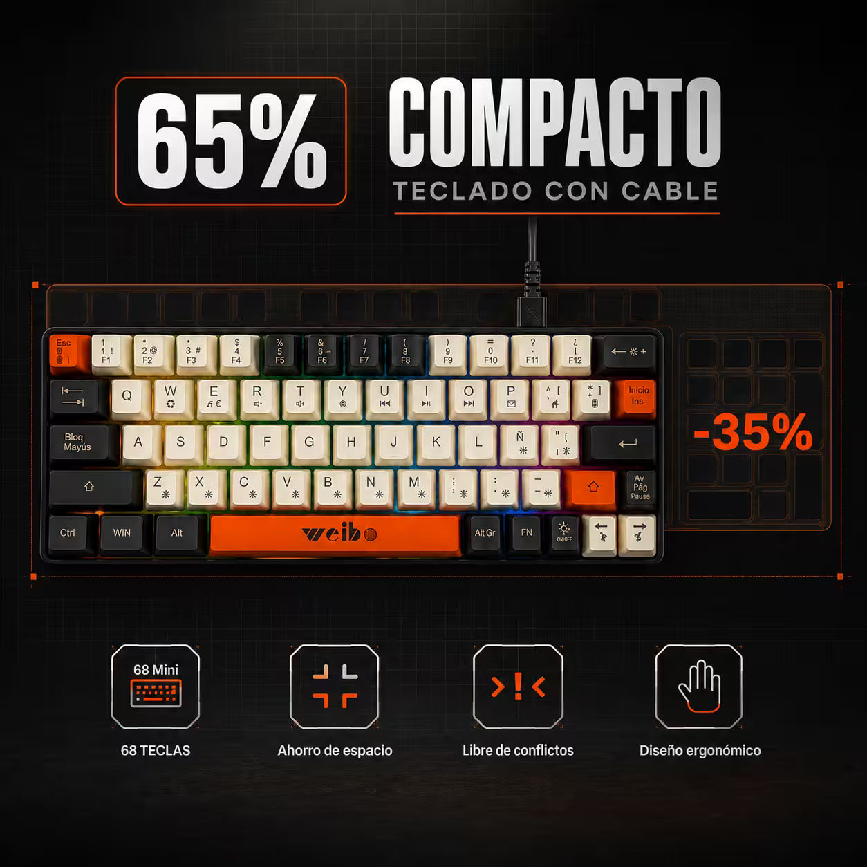 Teclado Membrana Compacto Weibo WB-333 – 68 Teclas | 18 Modos Luz Multicolor | USB-C Desmontable | Español con Ñ
