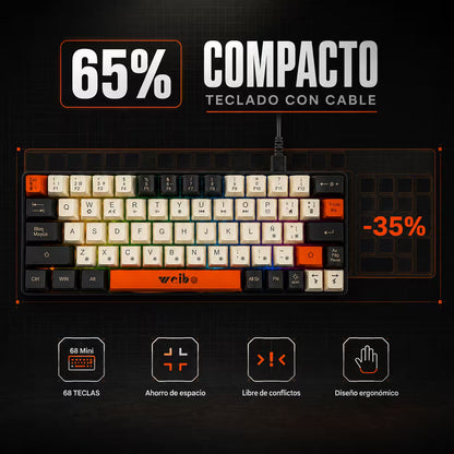 Teclado Membrana Compacto Weibo WB-333 – 68 Teclas | 18 Modos Luz Multicolor | USB-C Desmontable | Español con Ñ