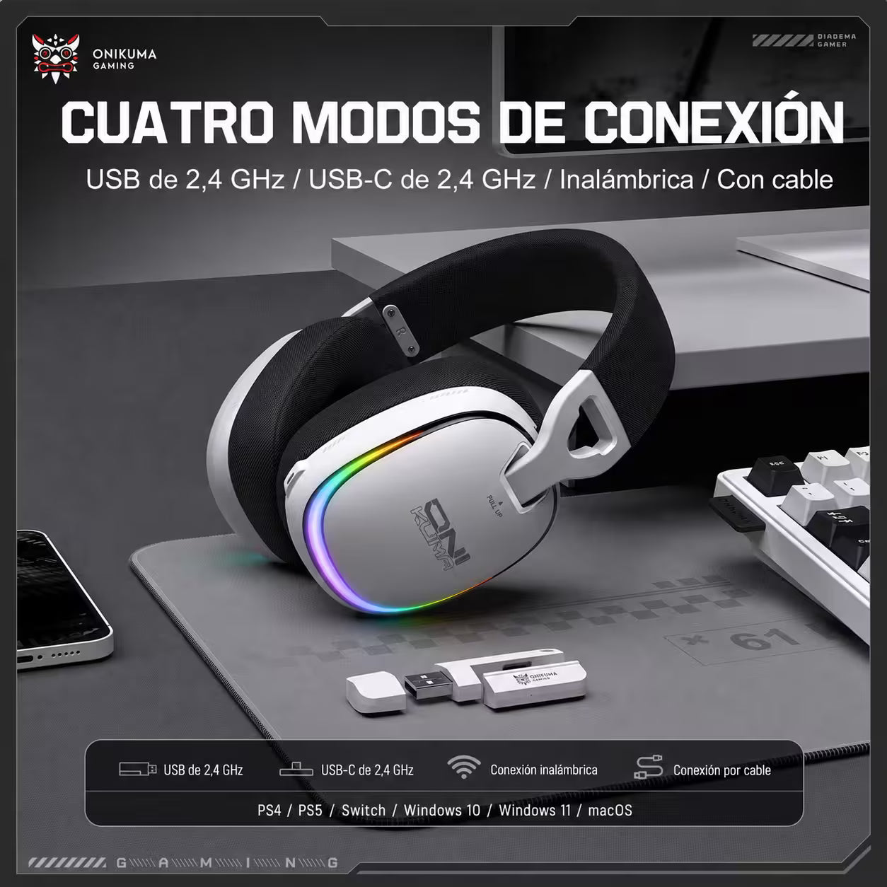 Audífonos Gamer Inalámbricos Onikuma GT805 Blanca| 4 en 1 | Mic Oculto ENC | 60H Batería | PS5, PC, Switch, Móvil