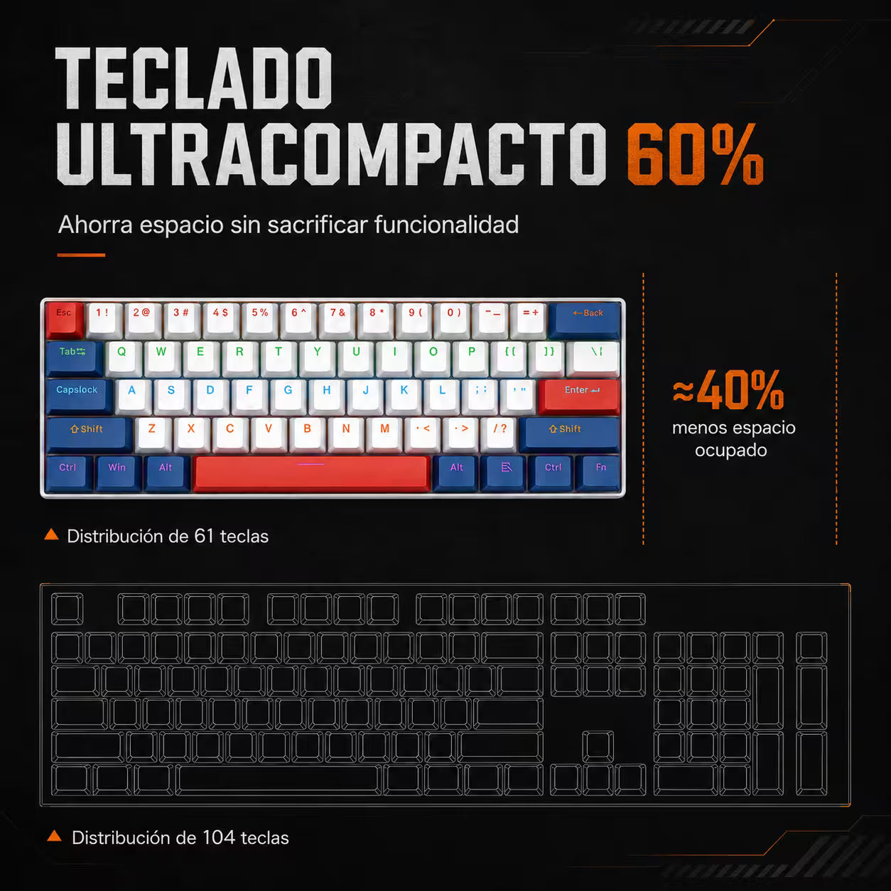 Teclado Mecánico T-Wolf T60 60% – Switch Azul | Keycaps Double-Shot | RGB 18 Efectos | Anti-Ghosting | USB-C Desmontable