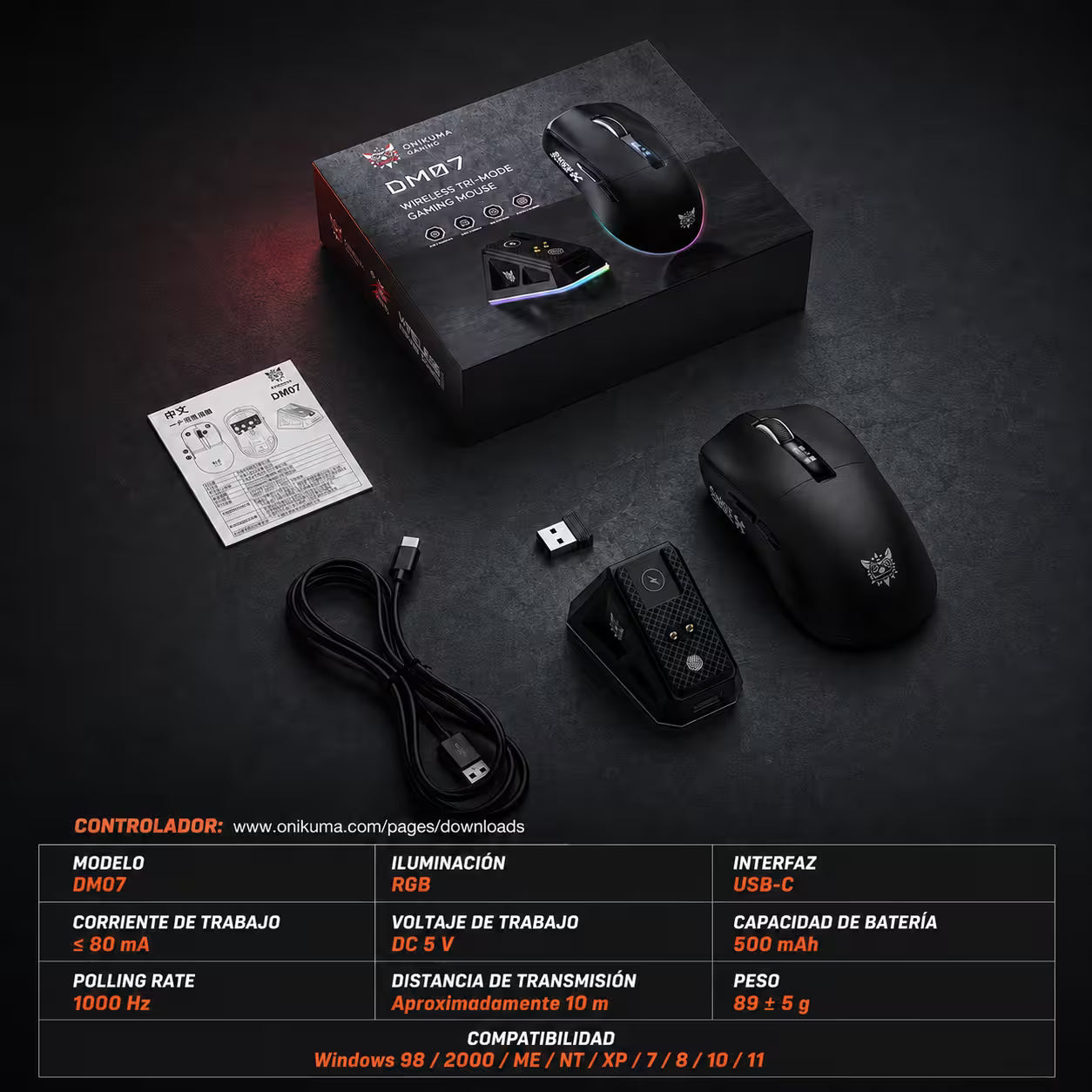 Mouse Gamer Inalámbrico Recargable ONIKUMA DM07 RGB 24000 DPI 1000Hz con Base de Carga