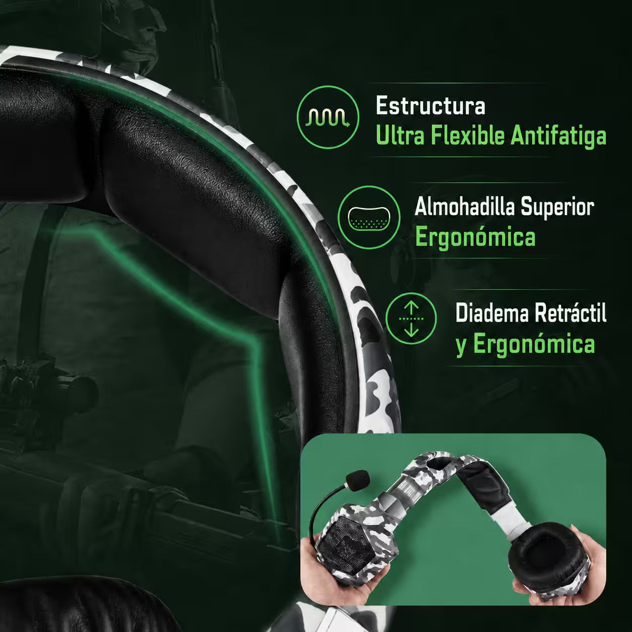 Diadema Gamer ONIKUMA K8 LED RGB Blanca Camuflada - Micró... - vista 6 diadema gamer audífonos