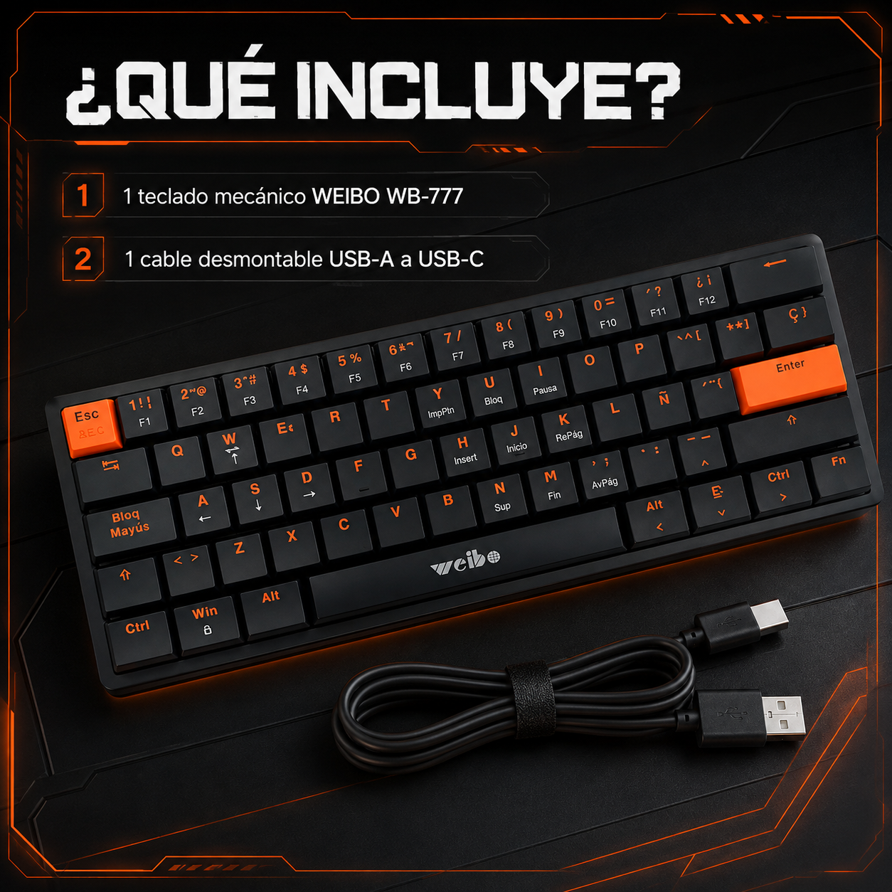 Teclado Mecánico Mini Weibo WB-777 – Switch Rojo | 61 Teclas | Anti-Ghosting | USB-C Desmontable | Sin LED