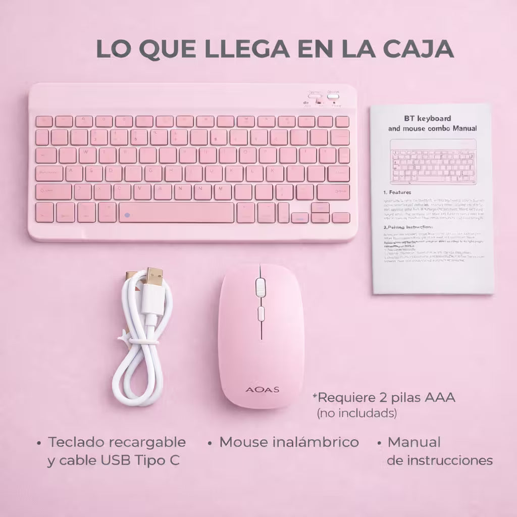 Combo Teclado Mouse AOAS AS-110 Rosado - Bluetooth 5.2 Teclado Recargable Type-C con Ñ