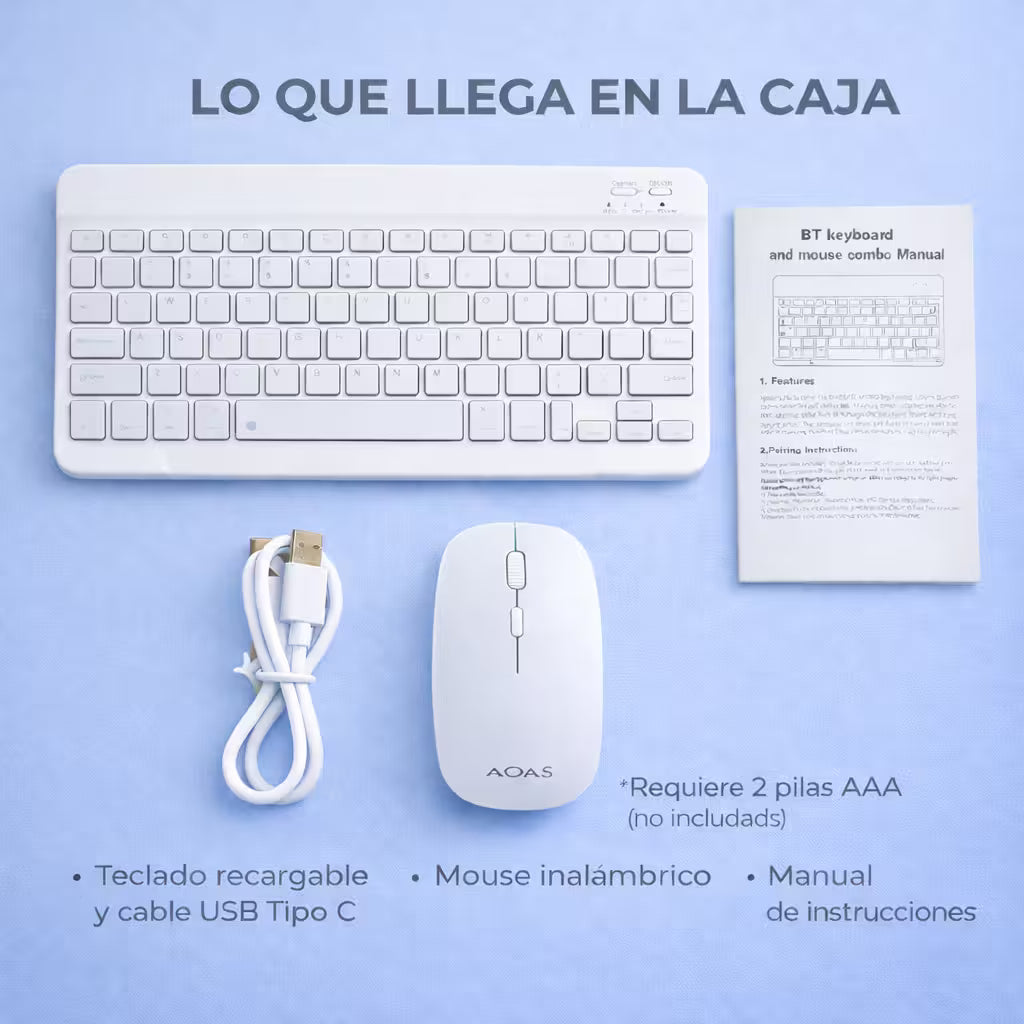 Combo Teclado Mouse AOAS AS-110 Blanco - Bluetooth 5.2 Teclado Recargable Type-C con Ñ