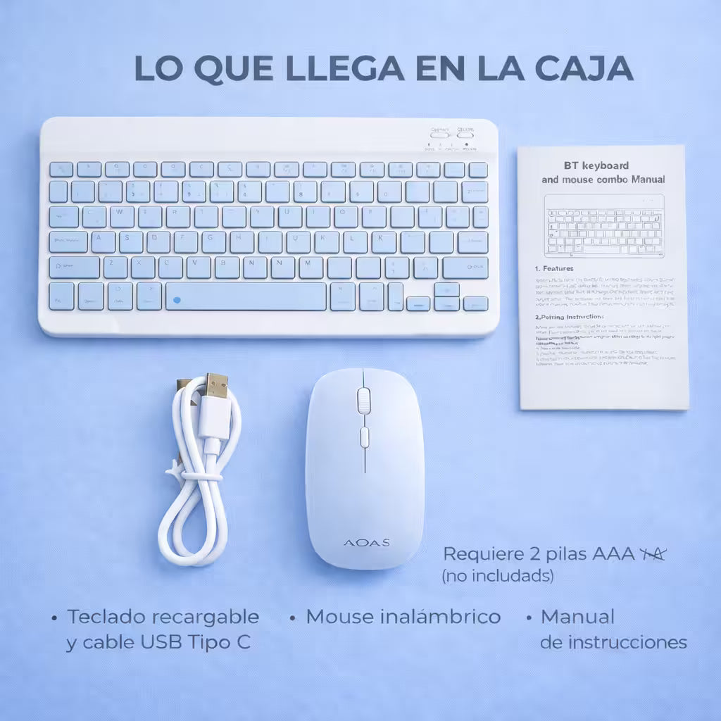 Combo Teclado Mouse AOAS AS-110 Azul - Bluetooth 5.2 Teclado Recargable Type-C con Ñ