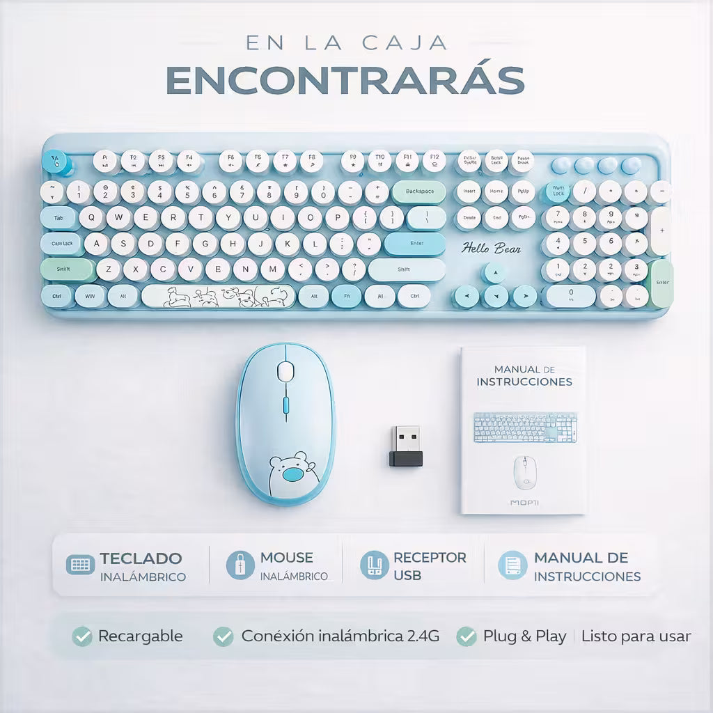 Combo Teclado y Mouse Inalámbrico Geezer Hello Bear - Azul | Mouse 800/1200/1600 DPI | 10m | 2.4G