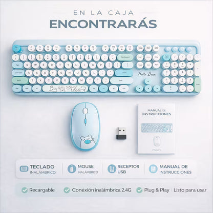 Combo Teclado y Mouse Inalámbrico Geezer Hello Bear - Azul | Mouse 800/1200/1600 DPI | 10m | 2.4G