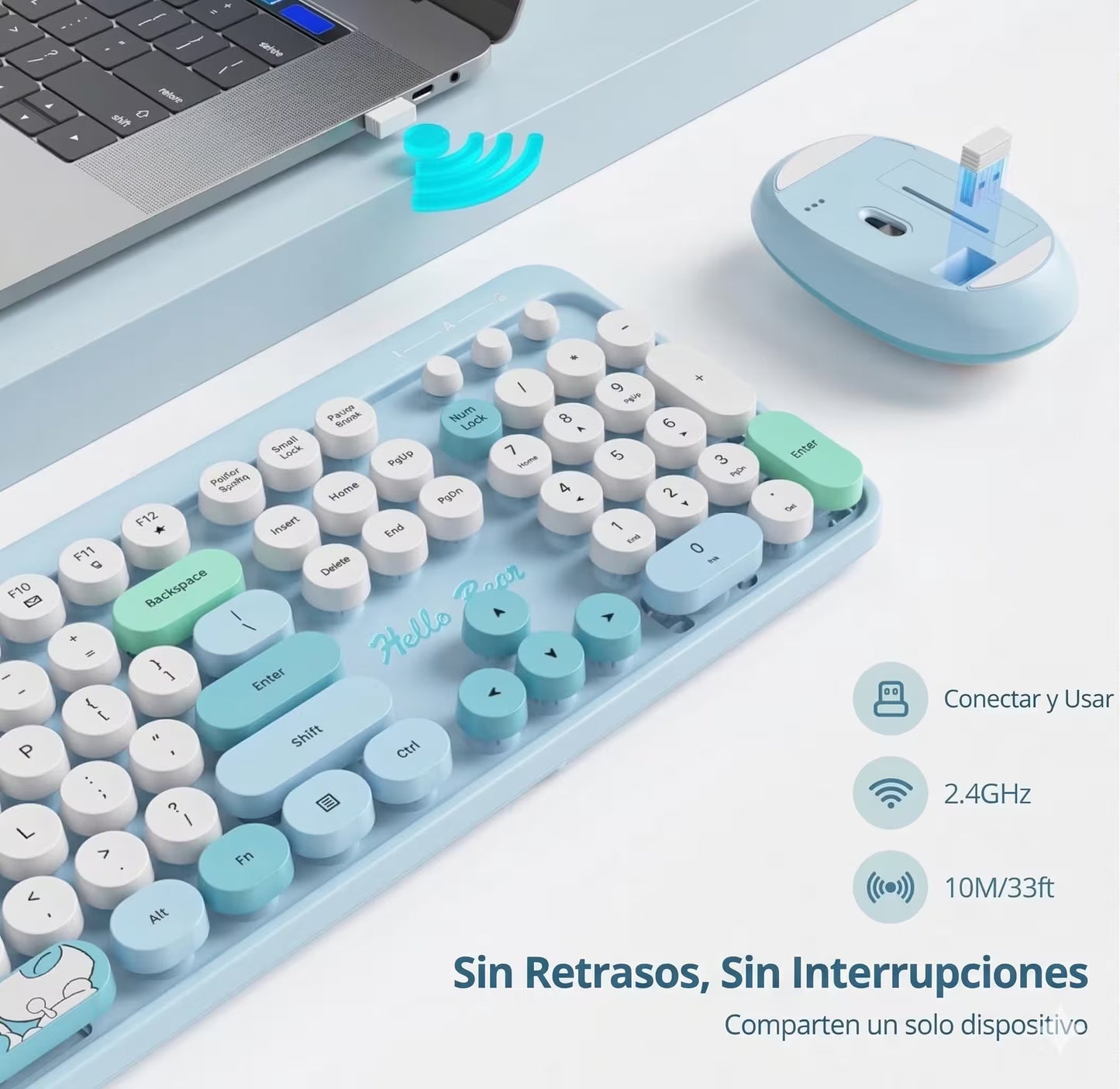 Combo Teclado y Mouse Inalámbrico Geezer Hello Bear - Azul | Mouse 800/1200/1600 DPI | 10m | 2.4G