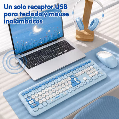 Combo Teclado y Mouse Inalámbrico MOFII 66Pro — Azul | Diseño Kawaii Conejo | 104 Teclas Full-Size | 20 Funciones Multimedia