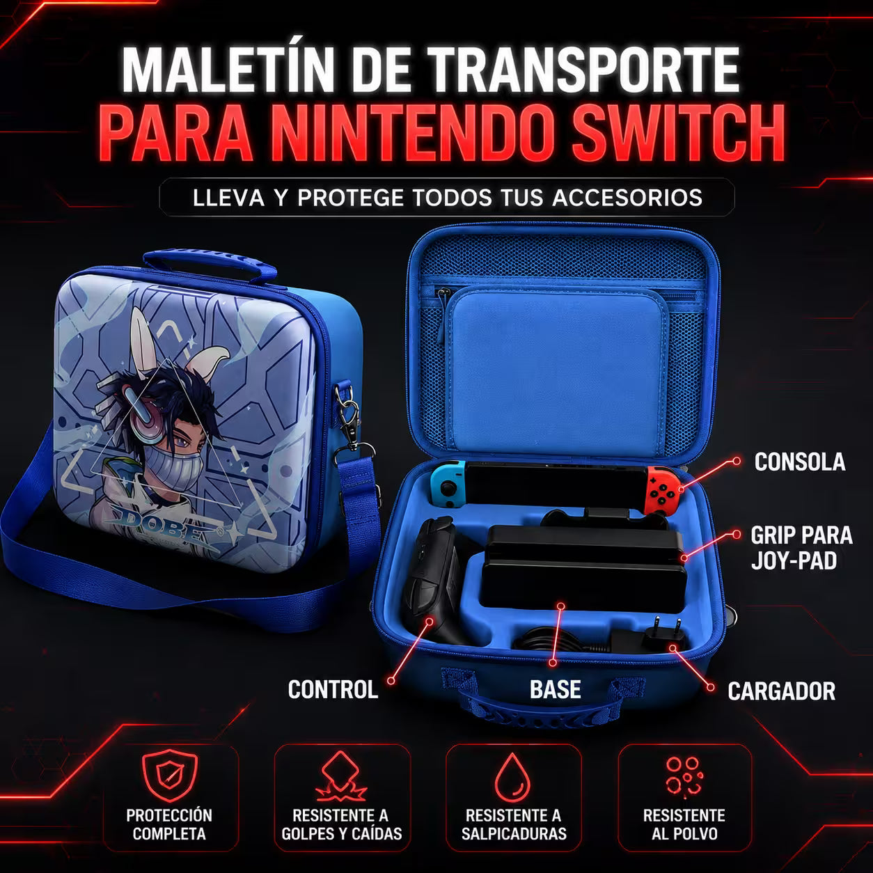 Maleta Viajera Nintendo Switch 1 y OLED – Diseño Cyberpunk Azul Eléctrico | EVA Rígida | Correa