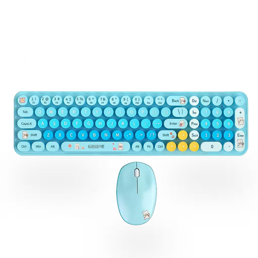 Combo Teclado y Mouse Inalámbrico Baby Bear - Azul | 100 Teclas Redondas Retro Multicolor | 10m | 2.4G