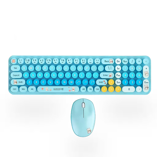 Combo Teclado y Mouse Inalámbrico Baby Bear - Azul | 100 Teclas Redondas Retro Multicolor | 10m | 2.4G