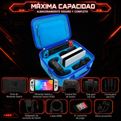 Maleta Viajera Nintendo Switch 1 y OLED – Diseño Cyberpunk Azul Eléctrico | EVA Rígida | Correa