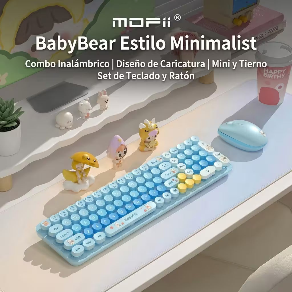 Combo Teclado y Mouse Inalámbrico Baby Bear - Azul | 100 Teclas Redondas Retro Multicolor | 10m | 2.4G