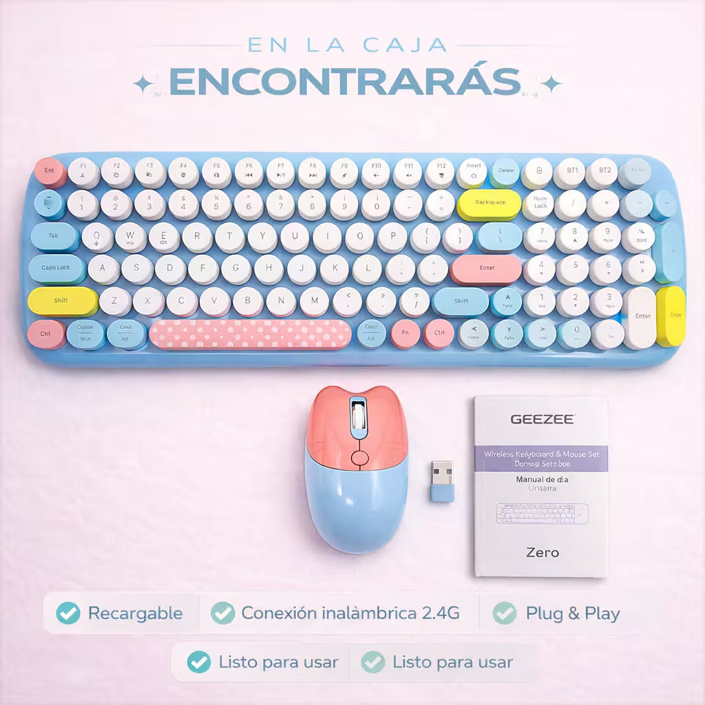Combo Teclado y Mouse Geezer Candy Pro - Azul | Bluetooth + 2.4G | Teclas Desmontables | DPI 800/1200/1600