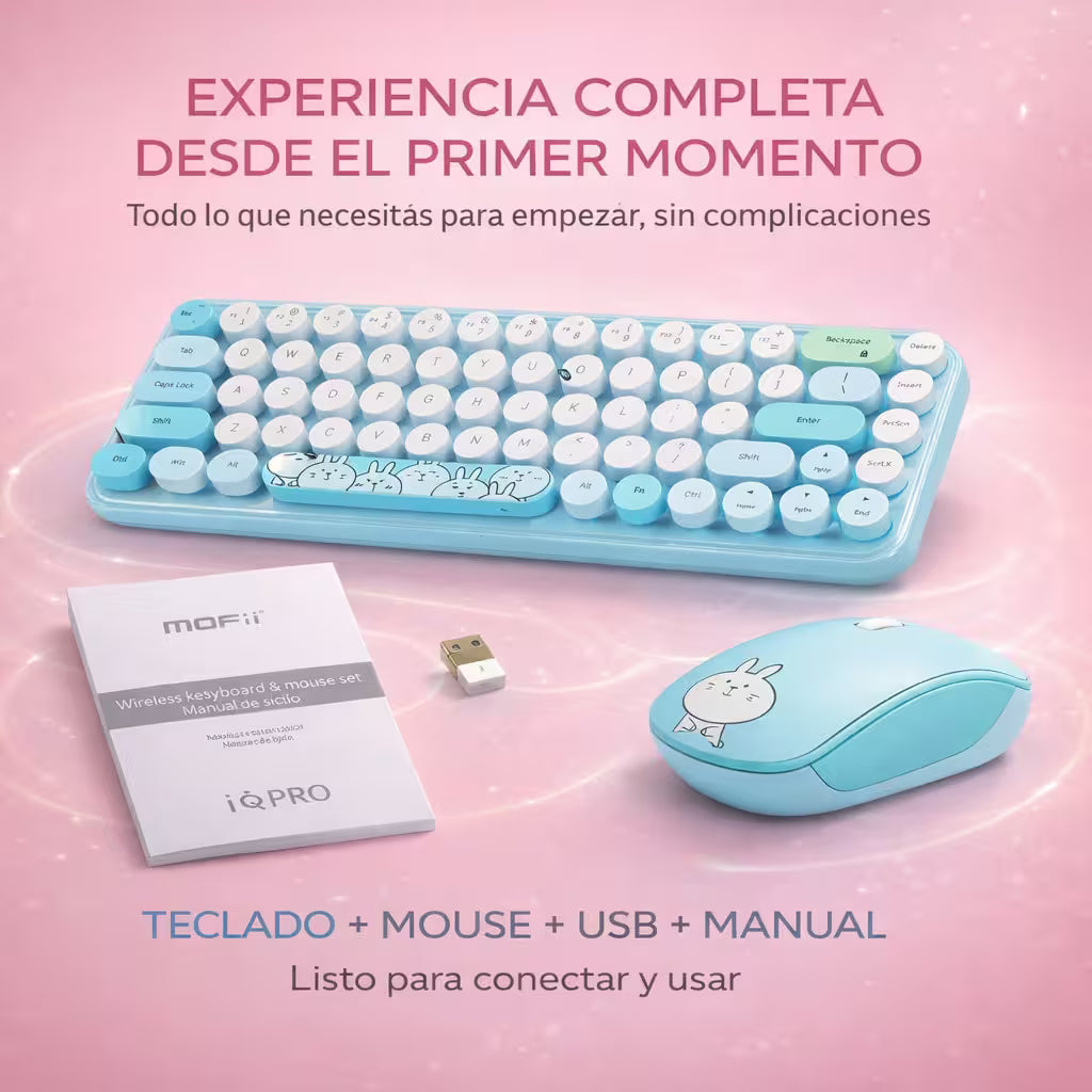 Combo Teclado y Mouse Inalámbrico MOFII I Pro — Azul Kawaii | 68 Teclas Redondas 2.4G Receptor Único