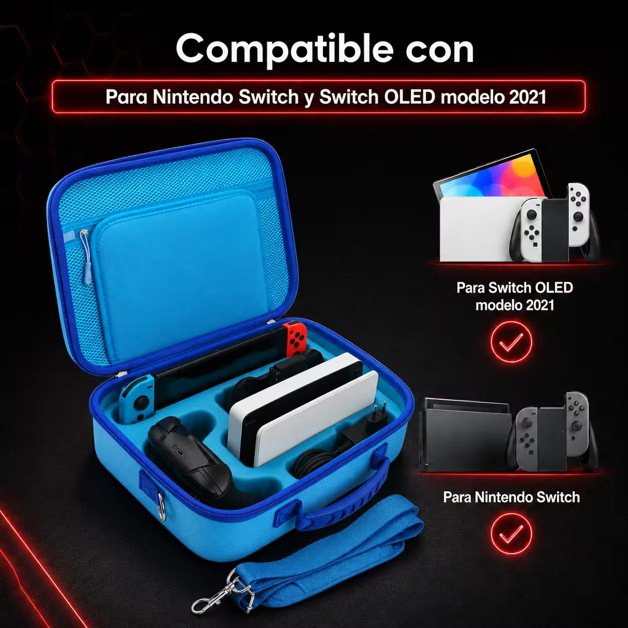 Maleta Viajera Nintendo Switch 1 y OLED – Diseño Cyberpunk Azul Eléctrico | EVA Rígida | Correa