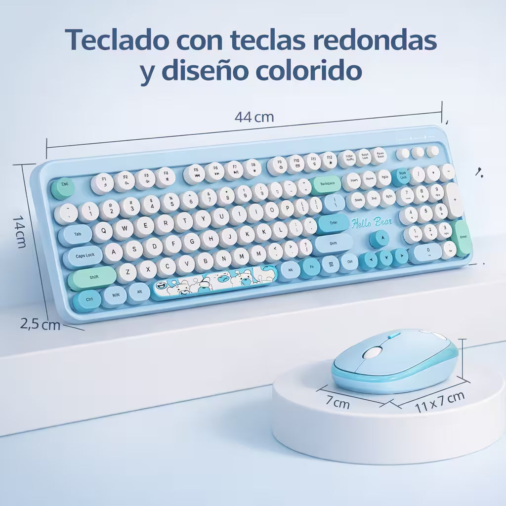 Combo Teclado y Mouse Inalámbrico Geezer Hello Bear - Azul | Mouse 800/1200/1600 DPI | 10m | 2.4G