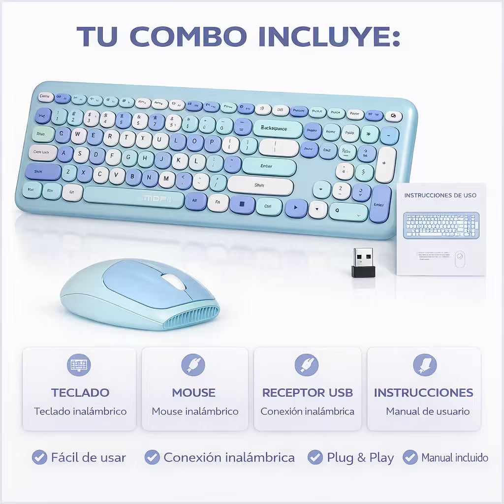 Combo Teclado y Mouse Inalámbrico MOFII 0060 — Turquesa | 100 Teclas + Soporte Tablet | 1200 DPI 10m | 2.4G