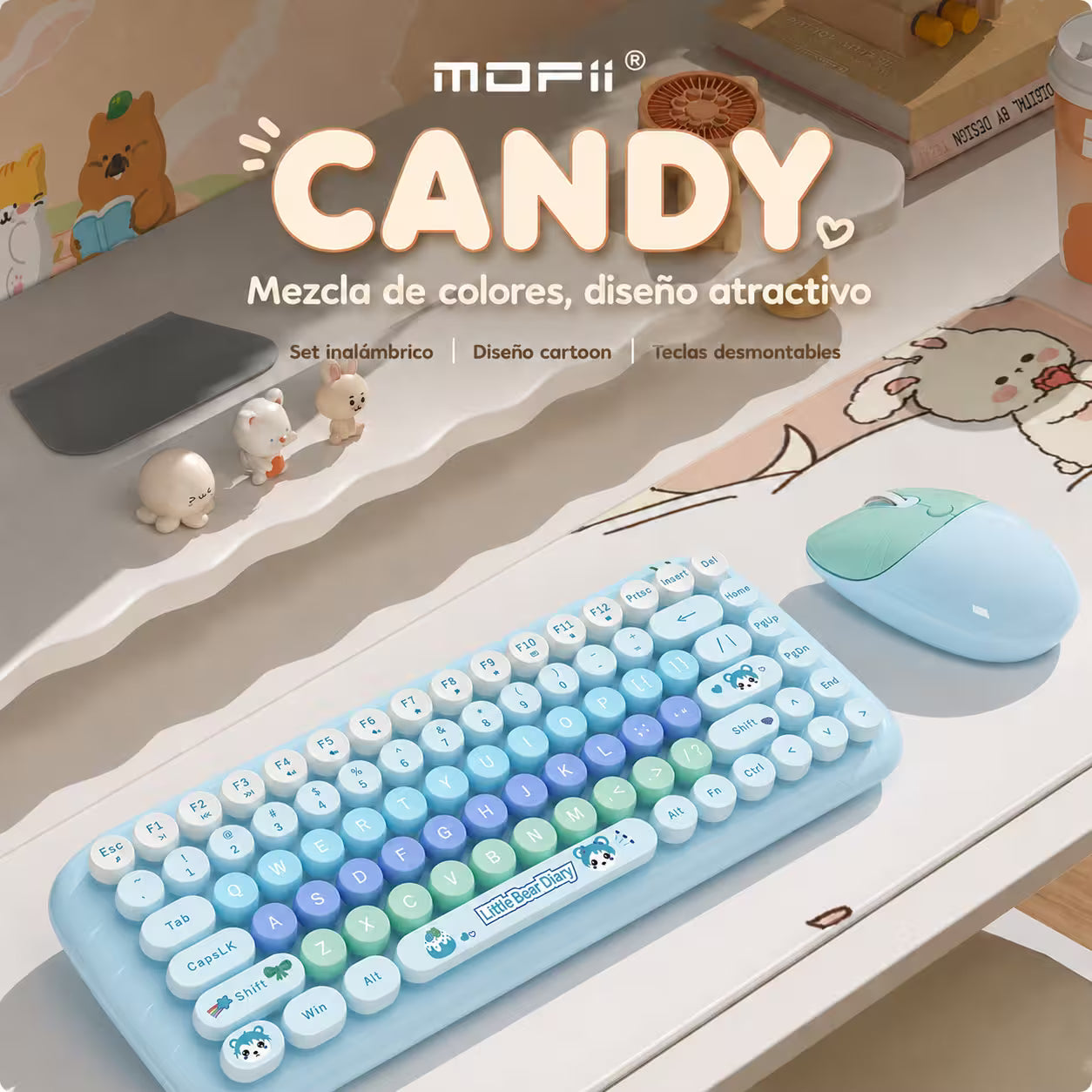Combo Teclado y Mouse Inalámbrico MOFII Candy — Azul | 2.4G Silencioso 1200 DPI Compacto