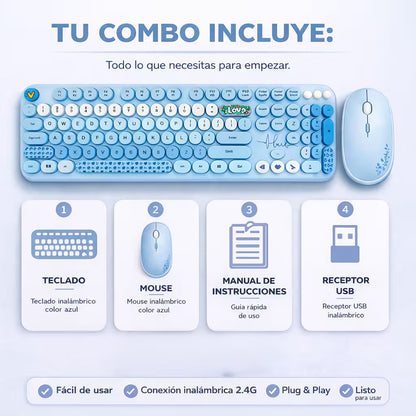 Combo Teclado y Mouse Inalámbrico Mofii Lovely - Azul | Full-Size 104 Teclas Redondas DPI Ajustable | 2.4G