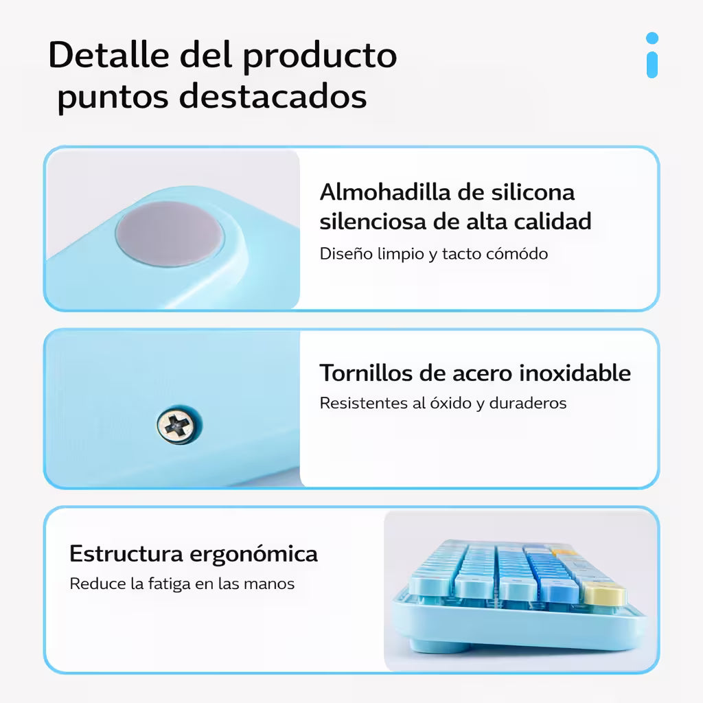 Combo Teclado y Mouse Inalámbrico Baby Bear - Azul | 100 Teclas Redondas Retro Multicolor | 10m | 2.4G