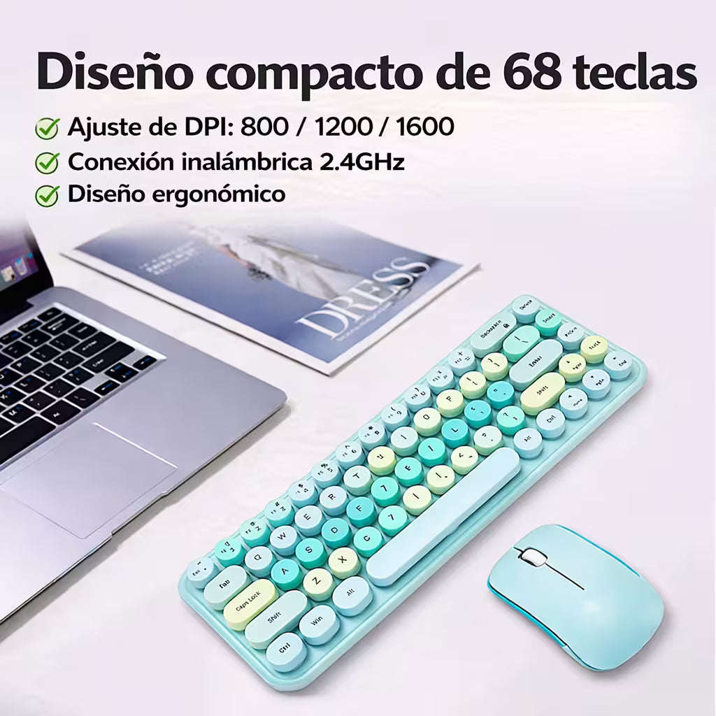 Combo Teclado y Mouse Inalámbrico Mofii Retro - 68 Teclas Redondas Turquesa | 2.4G Receptor Único