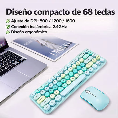 Combo Teclado y Mouse Inalámbrico Mofii Retro - 68 Teclas Redondas Turquesa | 2.4G Receptor Único