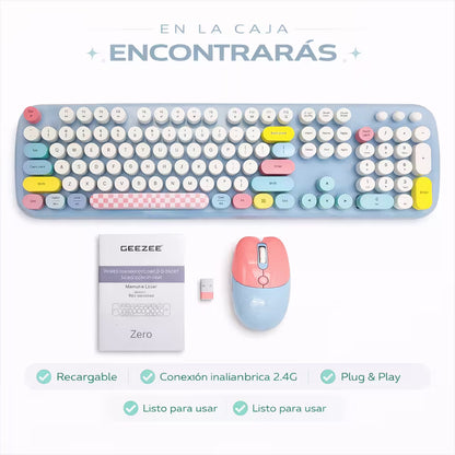 Combo Teclado y Mouse Inalámbrico Geezer Zero - Azul | 104 Teclas Redondas Full-Size | Bajo Ruido | 2.4G