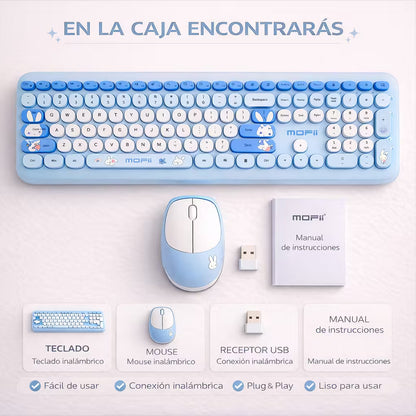 Combo Teclado y Mouse Inalámbrico MOFII 66Pro — Azul | Diseño Kawaii Conejo | 104 Teclas Full-Size | 20 Funciones Multimedia