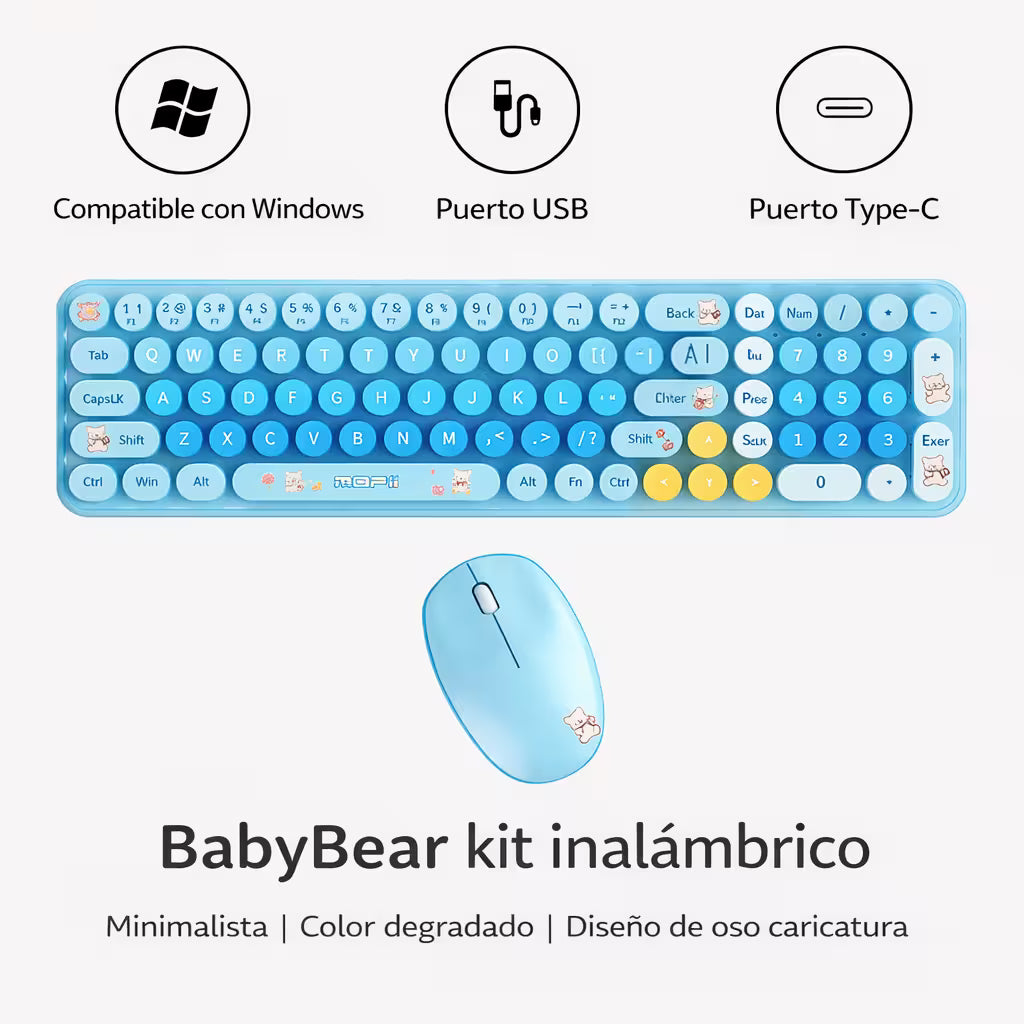 Combo Teclado y Mouse Inalámbrico Baby Bear - Azul | 100 Teclas Redondas Retro Multicolor | 10m | 2.4G
