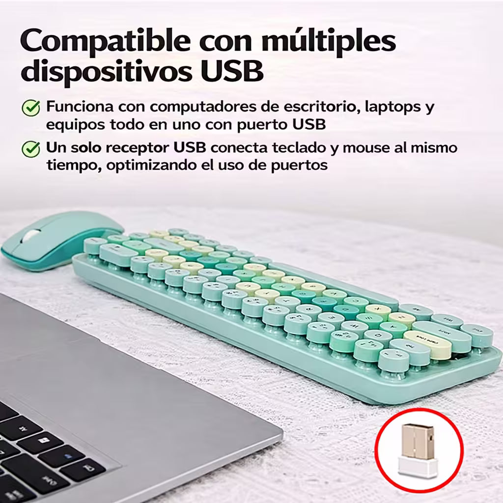 Combo Teclado y Mouse Inalámbrico Mofii Retro - 68 Teclas Redondas Turquesa | 2.4G Receptor Único