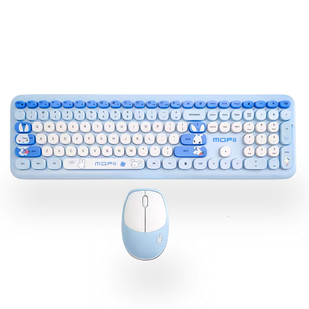 Combo Teclado y Mouse Inalámbrico MOFII 66Pro — Azul | Diseño Kawaii Conejo | 104 Teclas Full-Size | 20 Funciones Multimedia