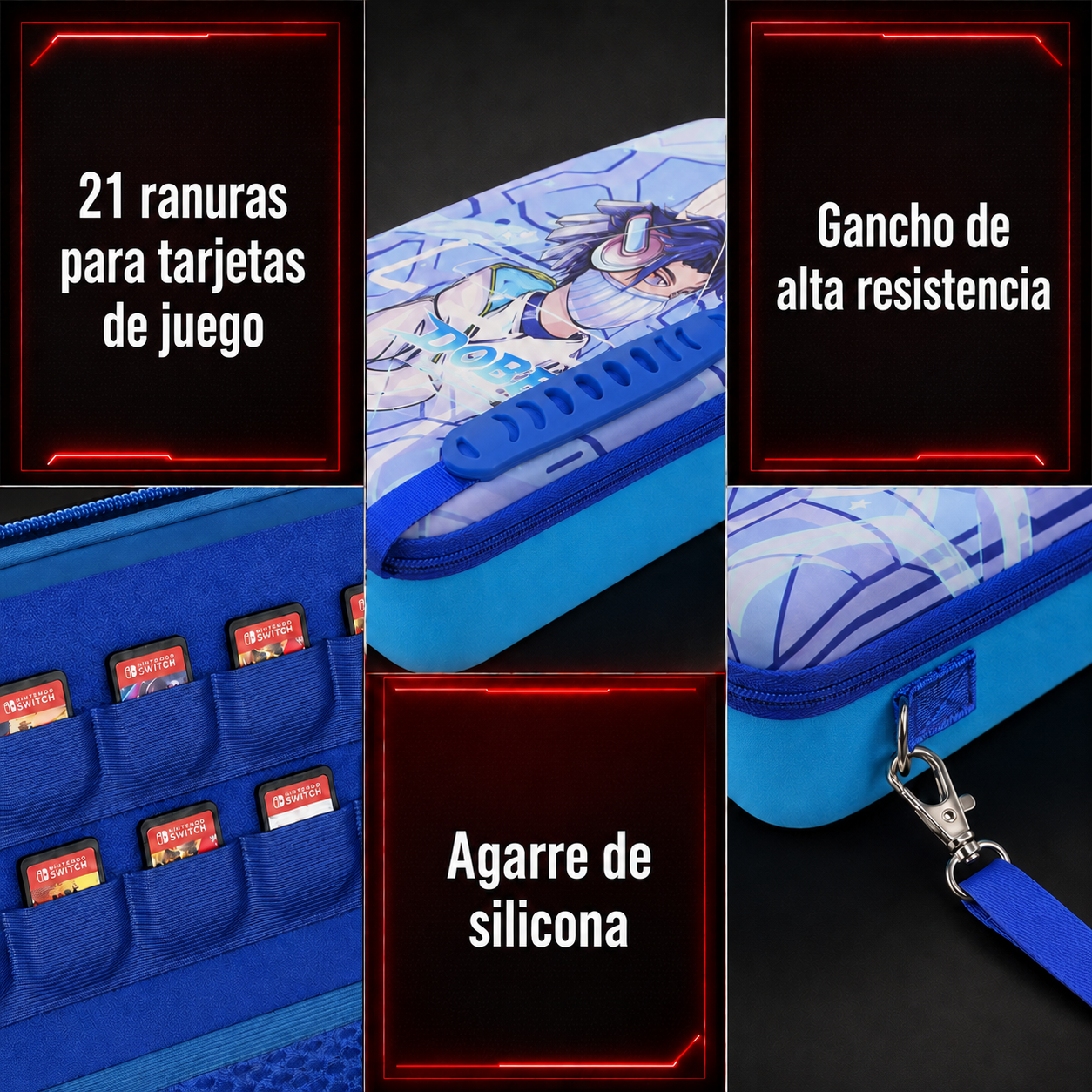 Maleta Viajera Nintendo Switch 1 y OLED – Diseño Cyberpunk Azul Eléctrico | EVA Rígida | Correa