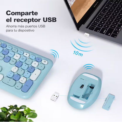 Combo Teclado y Mouse Inalámbrico MOFII 0060 — Turquesa | 100 Teclas + Soporte Tablet | 1200 DPI 10m | 2.4G