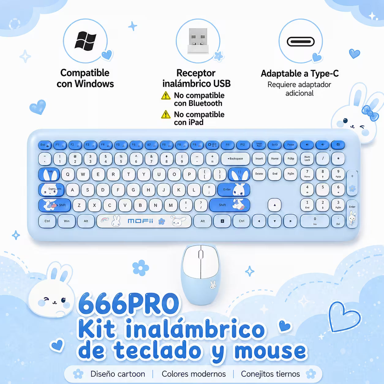 Combo Teclado y Mouse Inalámbrico MOFII 66Pro — Azul | Diseño Kawaii Conejo | 104 Teclas Full-Size | 20 Funciones Multimedia