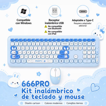 Combo Teclado y Mouse Inalámbrico MOFII 66Pro — Azul | Diseño Kawaii Conejo | 104 Teclas Full-Size | 20 Funciones Multimedia