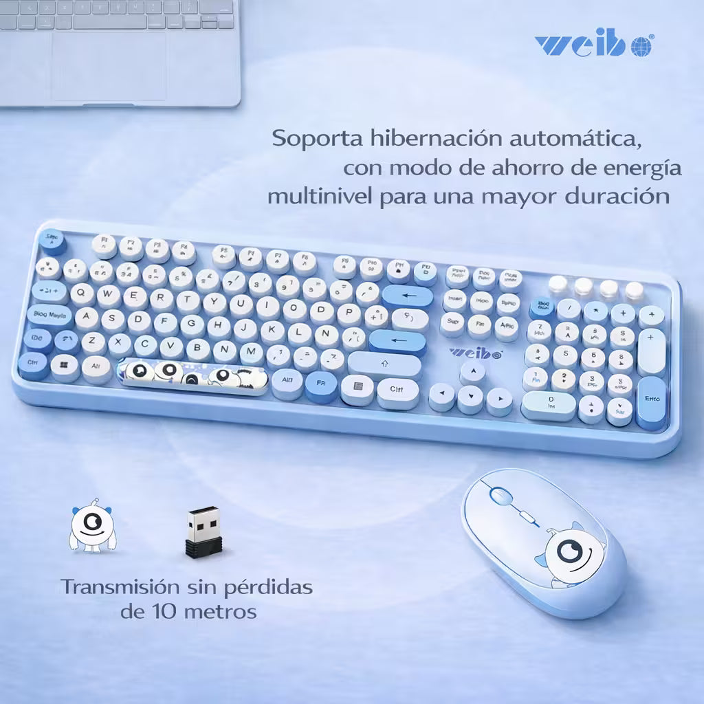 Combo Teclado y Mouse Inalámbrico Weibo WB-216 - Azul Morado | 105 Teclas Redondas Retro | 10m | 2.4G