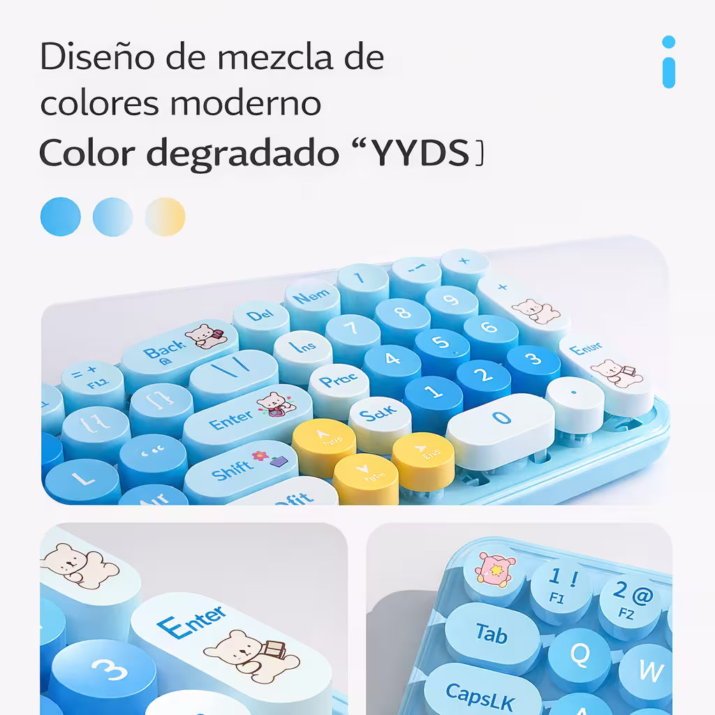 Combo Teclado y Mouse Inalámbrico Baby Bear - Azul | 100 Teclas Redondas Retro Multicolor | 10m | 2.4G
