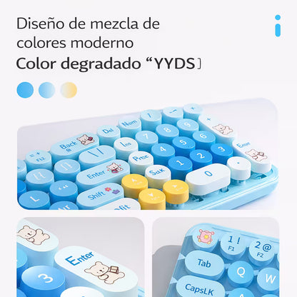 Combo Teclado y Mouse Inalámbrico Baby Bear - Azul | 100 Teclas Redondas Retro Multicolor | 10m | 2.4G