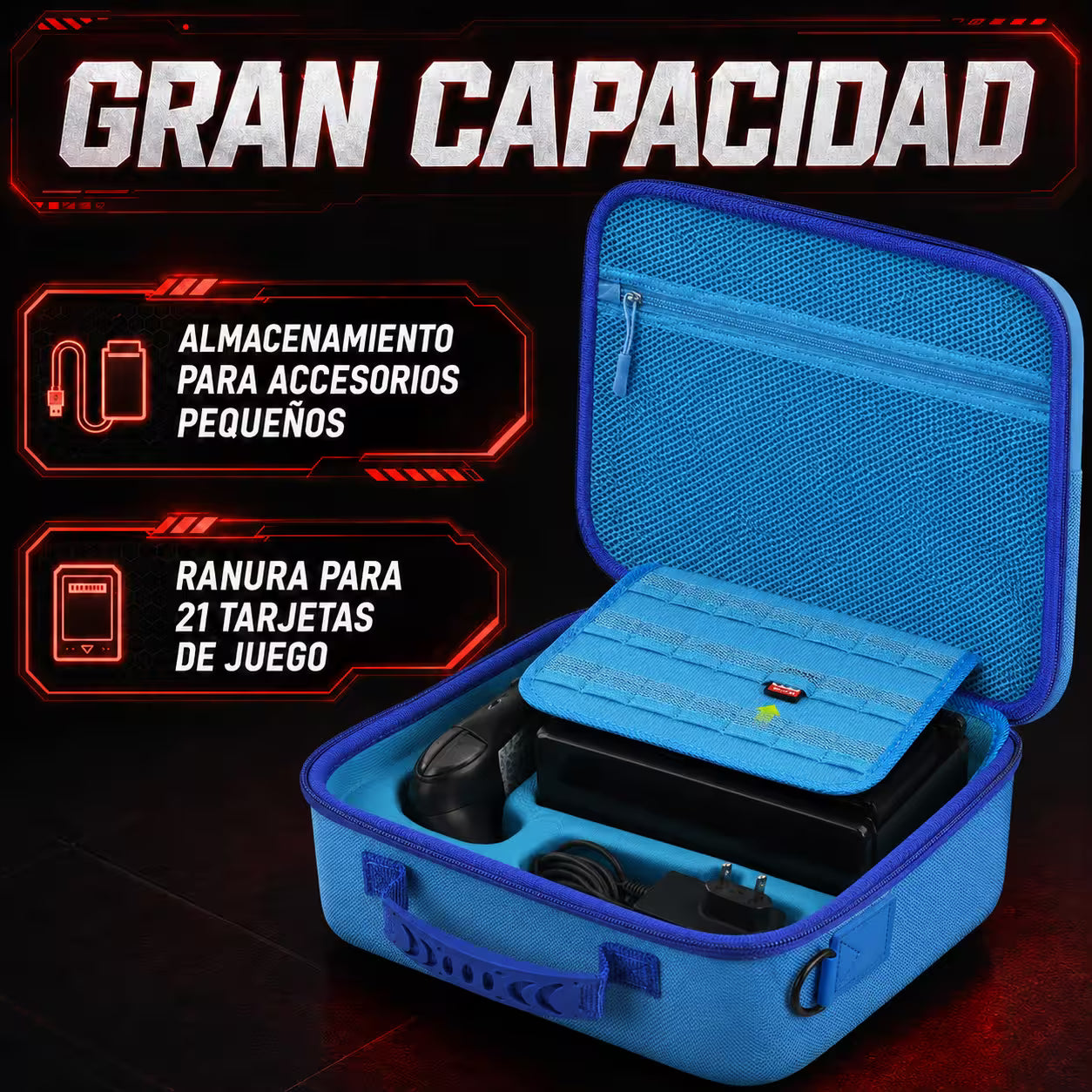 Maleta Viajera Nintendo Switch 1 y OLED – Diseño Cyberpunk Azul Eléctrico | EVA Rígida | Correa