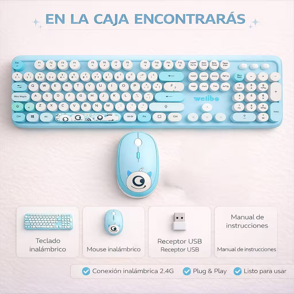 Combo Teclado y Mouse Inalámbrico Weibo WB-216 - Azul Morado | 105 Teclas Redondas Retro | 10m | 2.4G