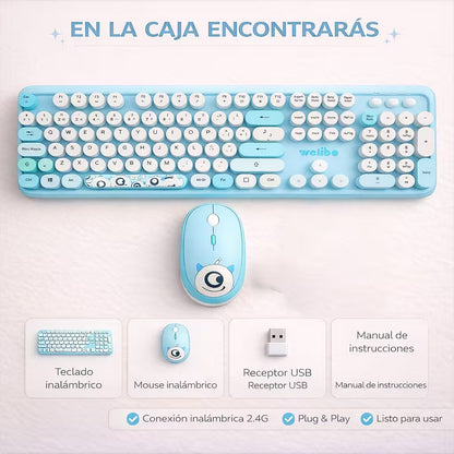 Combo Teclado y Mouse Inalámbrico Weibo WB-216 - Azul Morado | 105 Teclas Redondas Retro | 10m | 2.4G
